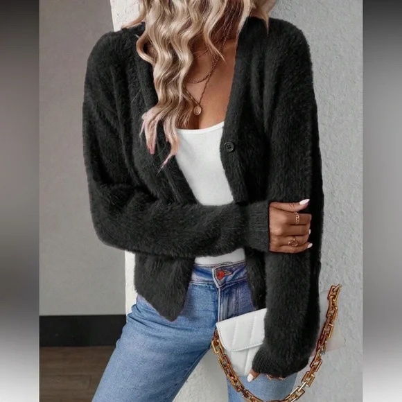 Women's Fuzzy Watermelon Pink Cardigan Sweater